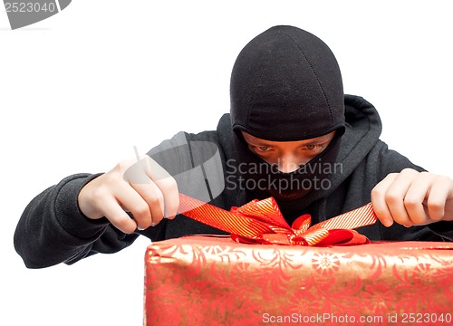 Image of  bandit holding a wrapped Christmas gift