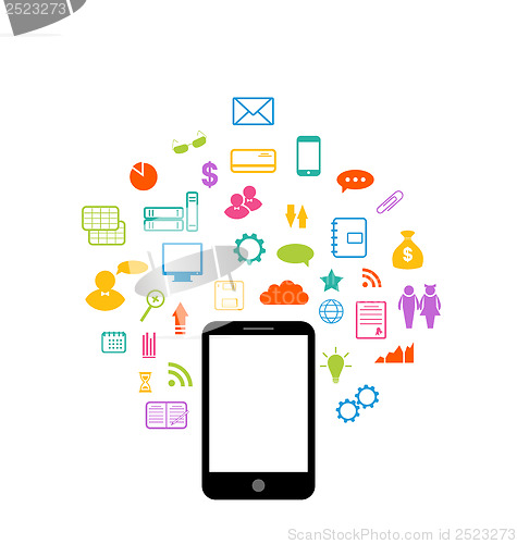 Image of Virtual world with smartphone, set infographic element