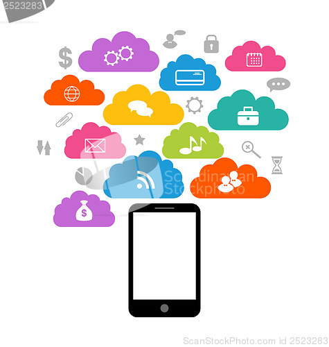 Image of Smart device with cloud of application icons, business infograph
