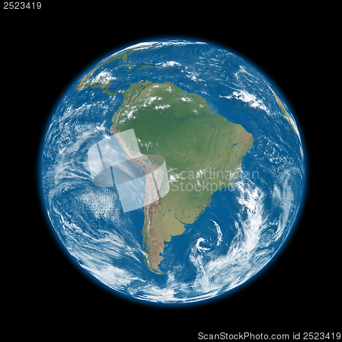 Image of South America on blue Earth