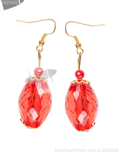 Image of Earrings in red glass with gold elements. white background