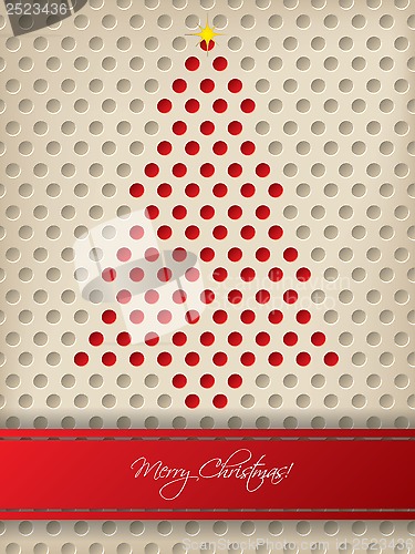 Image of Christmas greeting with red stripe and christmas tree