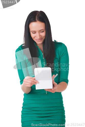 Image of Pretty girl holding white box with gift