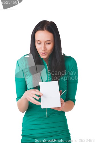Image of Pretty girl holding white box with gift