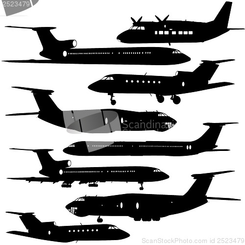Image of Collection of different  aircraft silhouettes.  vector illustrat
