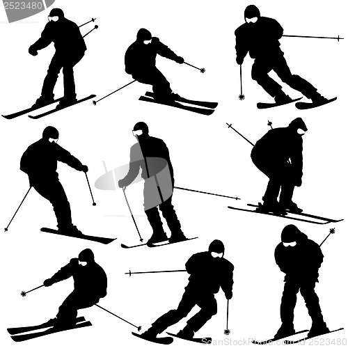 Image of Mountain skier  man speeding down slope. Vector sport silhouette