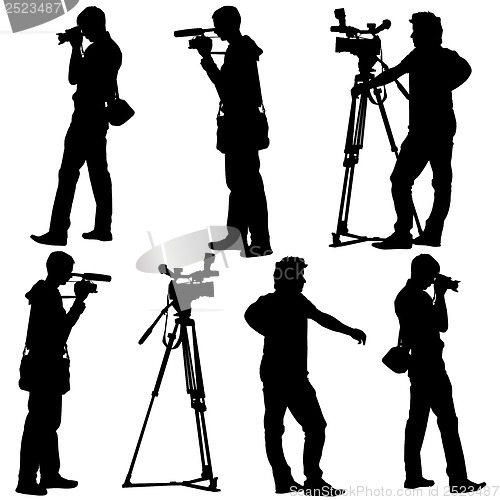 Image of Cameraman with video camera. Silhouettes on white background. Ve