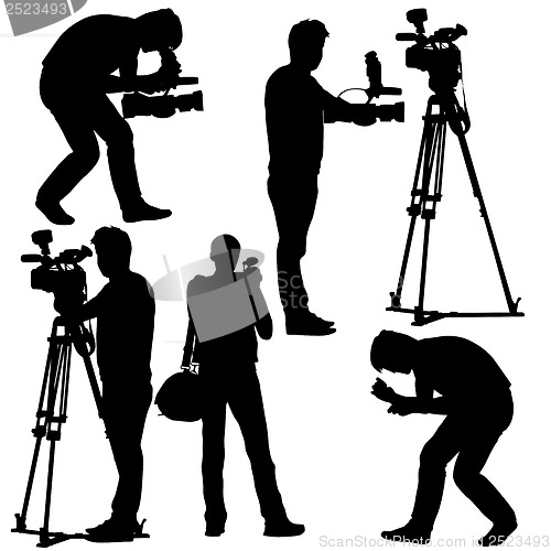 Image of Cameraman with video camera. Silhouettes on white background. Ve