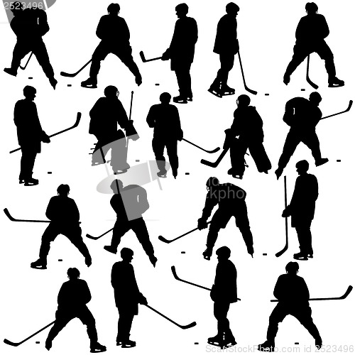 Image of Set of silhouettes of hockey player. Isolated on white. Vector  