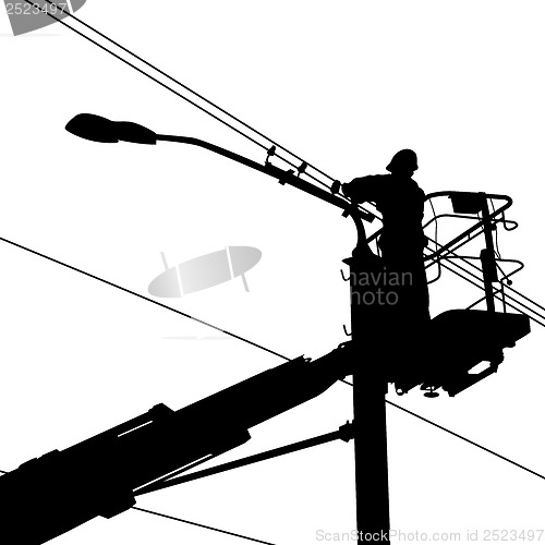 Image of Electrician, making repairs at a power pole. Vector illustration