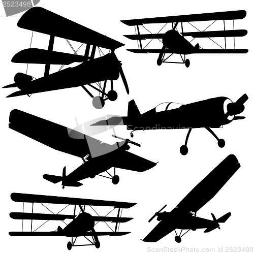 Image of Collection of different combat aircraft silhouettes.  vector ill