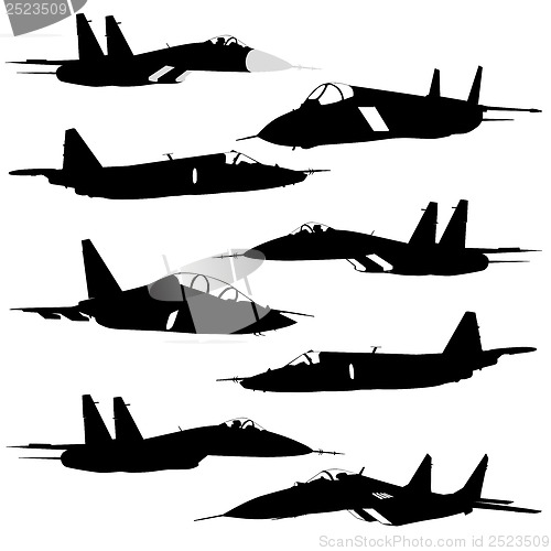 Image of Collection of different combat aircraft silhouettes.  vector ill