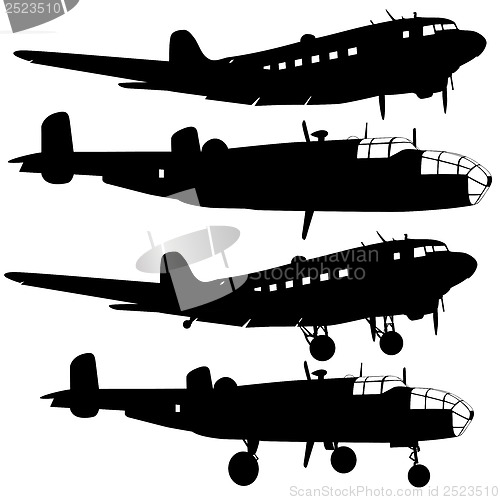 Image of Collection of different combat aircraft silhouettes.  vector ill