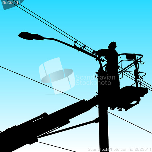 Image of Electrician, making repairs at a power pole. Vector illustration