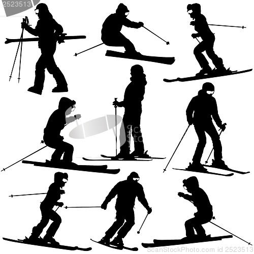 Image of Mountain skier   woman speeding down slope. Vector sport silhoue
