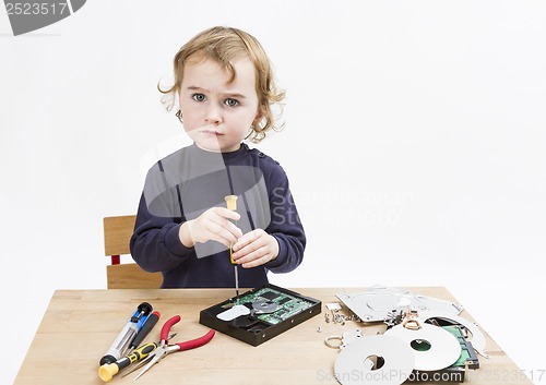 Image of child repairing computer part