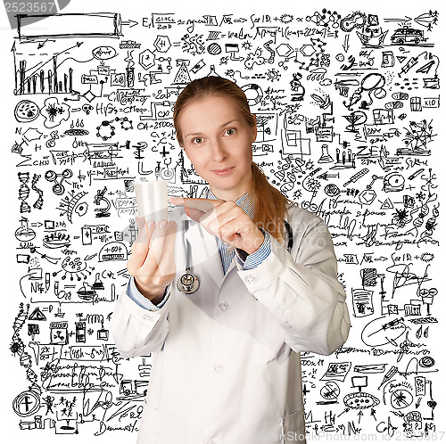 Image of Doctor woman with cup for analysis