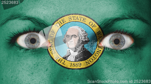 Image of Close up of eyes with flag