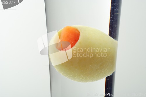 Image of olive and gin in glass