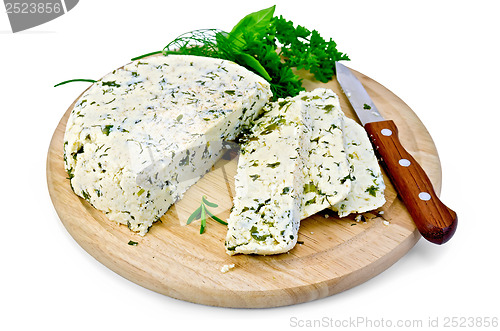 Image of Cheese homemade with spices on a round board