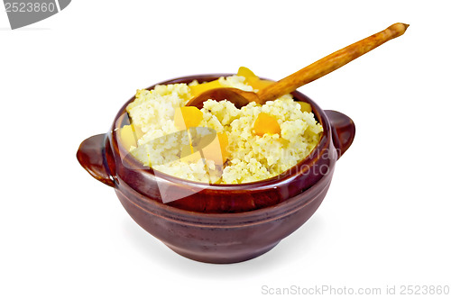 Image of Porridge millet with pumpkin and spoon in pottery