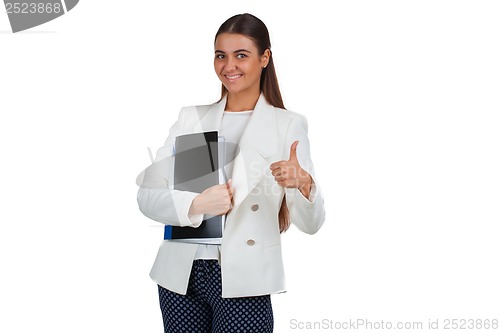 Image of Attractive cheerful businesswoman with folder