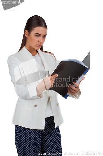 Image of Attractive cheerful businesswoman with folder