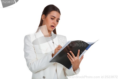 Image of Attractive cheerful businesswoman with folder