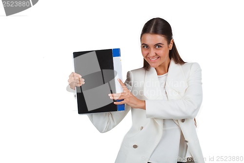 Image of Attractive cheerful businesswoman with folder