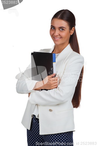 Image of Attractive cheerful businesswoman with folder