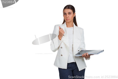 Image of Attractive cheerful businesswoman with folder