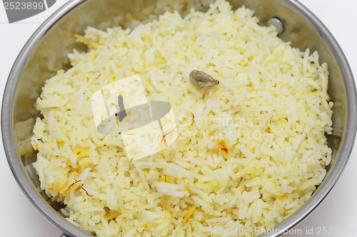 Image of Saffron rice in a kadai bowl from above