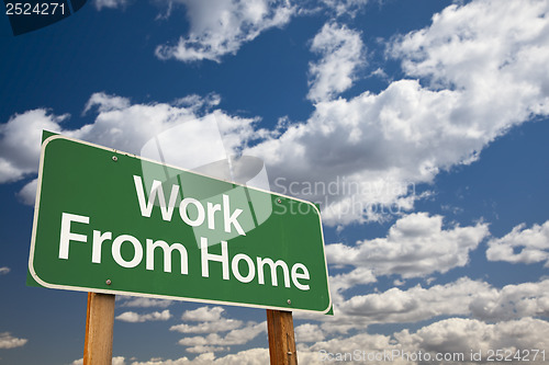 Image of Work From Home Green Road Sign and Clouds