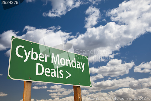 Image of Cyber Monday Deals Green Road Sign and Clouds