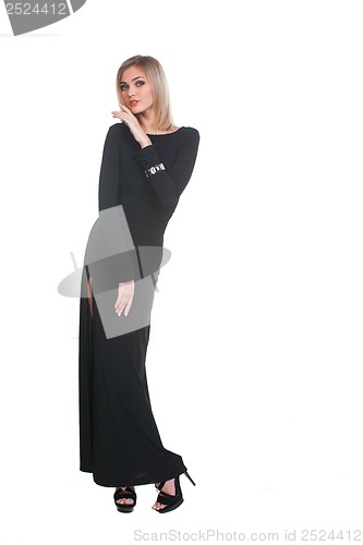 Image of Portrait of trendy blonde woman in black dress