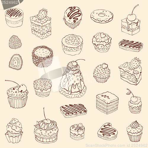 Image of Set of cute cake. Outline illustration