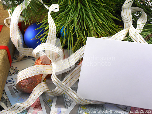 Image of Christmas balls and fir branches with decorations and blank card