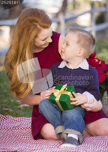 Image of Young Boy Holding Christmas Gift with His Mom in Park