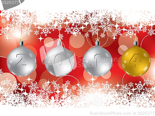 Image of 2014 decorations on red christmas greeting