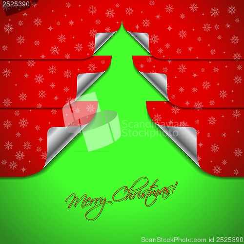 Image of Red christmas card with stickers shaping christmas tree