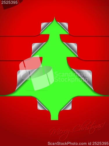 Image of Red greeting with stickers shaping christmas tree