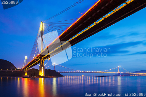 Image of Ting Kau suspension bridge in Hong Kong at night