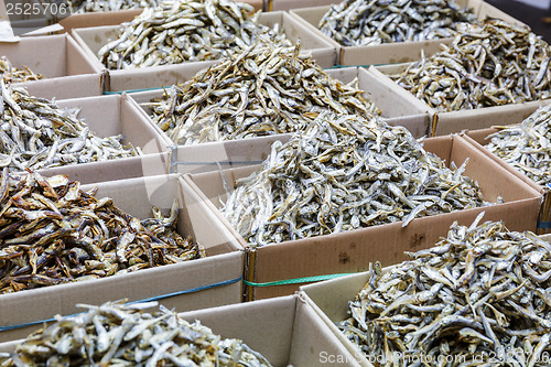 Image of Dried anchovy fish for sell in market