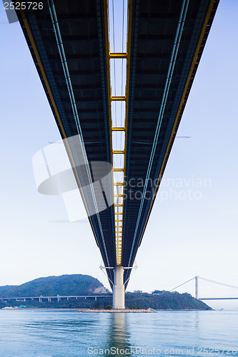 Image of Low angle of suspension bridge in Hong Kong