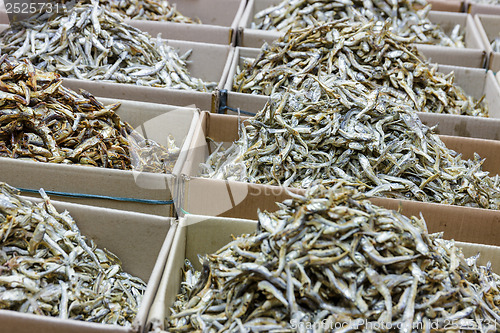 Image of Dried anchovy fish for sell in market