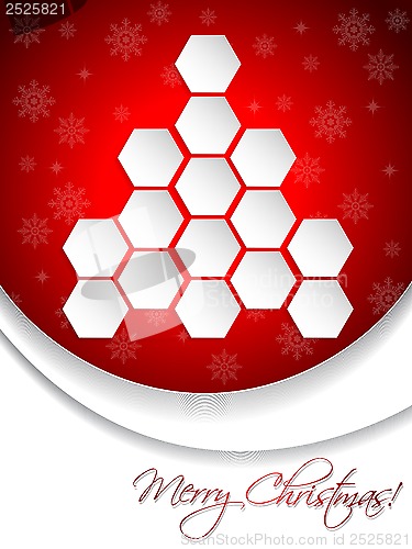 Image of Red christmas greeting card design with hexagon tree