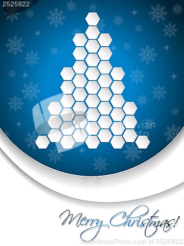 Image of Blue christmas greeting card design with hexagon tree