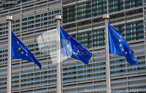 Image of European flags in front of the Berlaymont building, headquarters