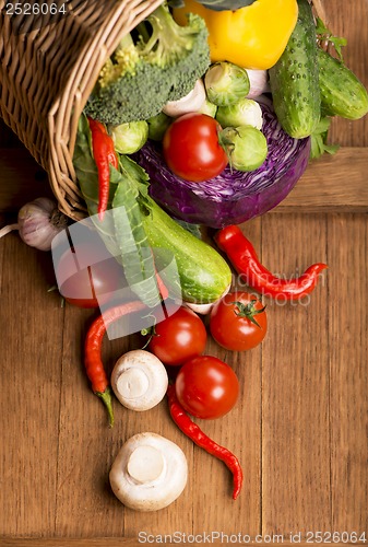 Image of Healthy Organic Vegetables on a Wooden Background