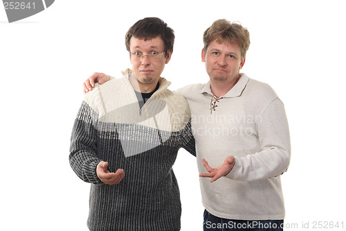 Image of Two men holding out  hands